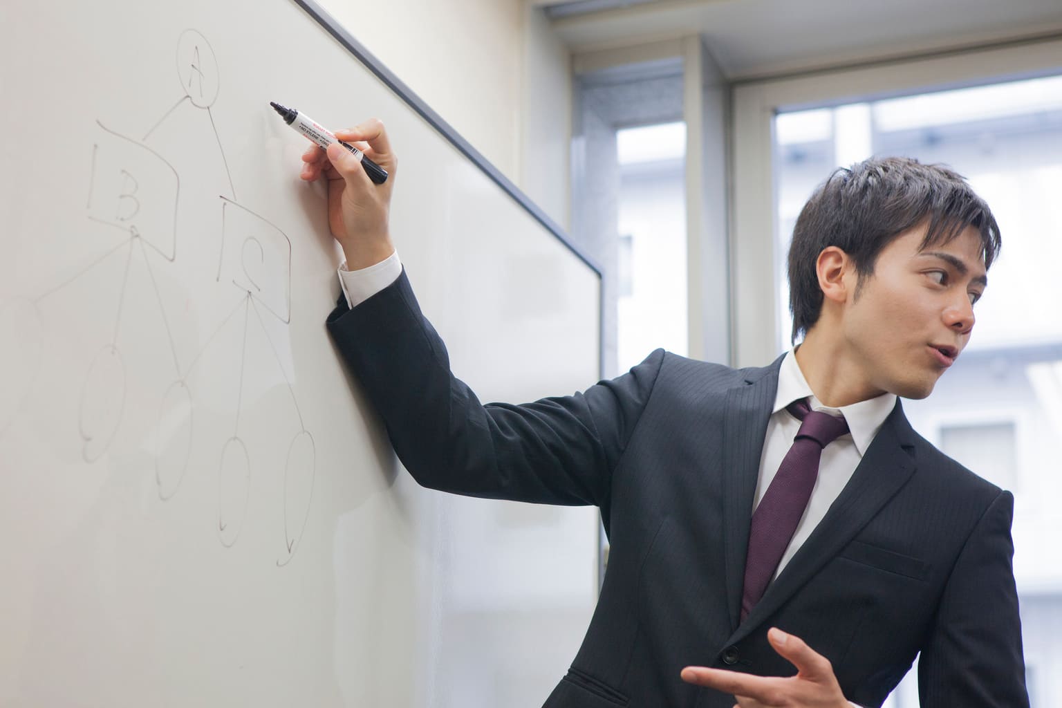 男性がホワイトボードに書きながら話している画像